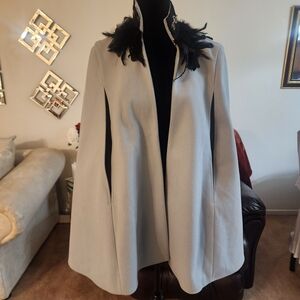 Elegant Women's Cape Coat with Feather Detail